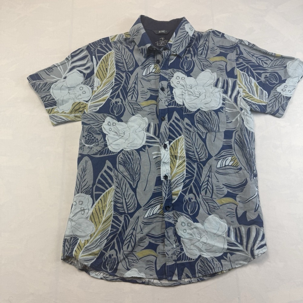 BOHIO Linen Blend Tropical Floral Shirt Blue Hawaiian Aloha Men's Small